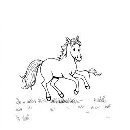 A charming black and white drawing of a horse and a pony playing together joyfully in a spacious field