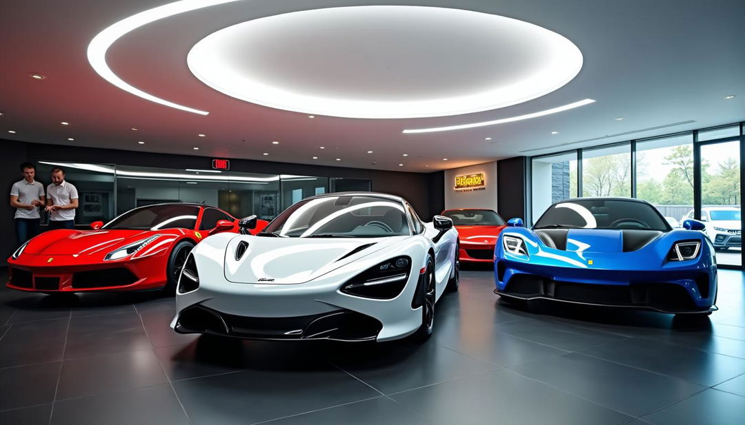 An indoor car dealership featuring a bright white ceiling adorned with modern ambient ring-shaped lights that cast a soft glow throughout the space