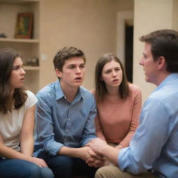 A heated discussion taking place between two teenagers and their parents in a well-lit domestic setting, their faces conveying strong emotions of disagreement and misunderstanding.