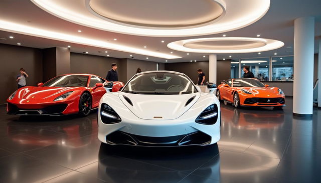 An elegant indoor car dealership featuring a white ceiling adorned with modern ambient ring-shaped lights, casting a stylish glow throughout the space