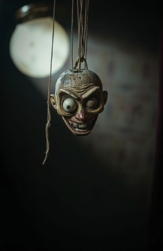 A broken puppet with a crazed, unsettling smile, hanging from frayed strings