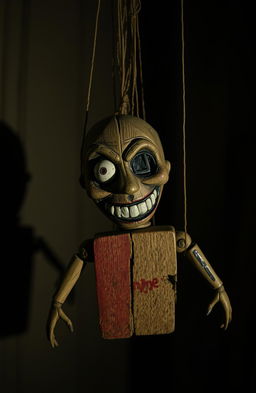 A broken puppet with a crazed, unsettling smile, hanging from frayed strings