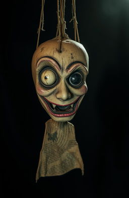 A broken puppet with a crazed, unsettling smile, hanging from frayed strings