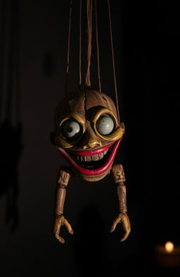 A broken puppet with a crazed, unsettling smile, hanging from frayed strings