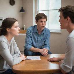 A heated discussion taking place between two teenagers and their parents in a well-lit domestic setting, their faces conveying strong emotions of disagreement and misunderstanding.