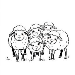 A delightful black and white drawing of a group of cute sheep grazing together