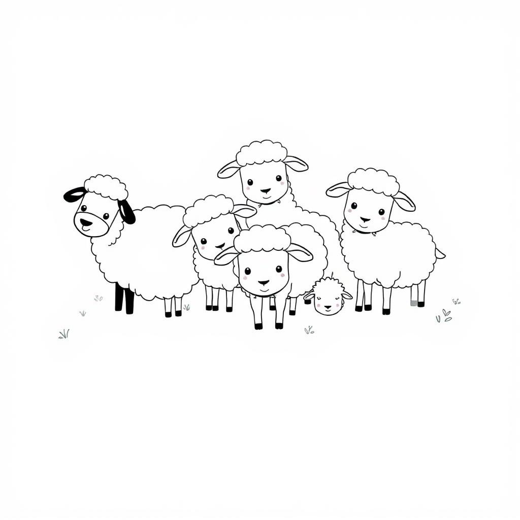 A delightful black and white drawing of a group of cute sheep grazing together