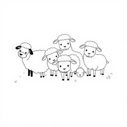 A delightful black and white drawing of a group of cute sheep grazing together