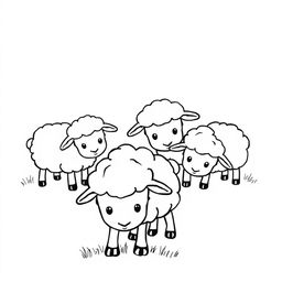 A delightful black and white drawing of a group of cute sheep grazing together