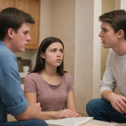 A heated discussion taking place between two teenagers and their parents in a well-lit domestic setting, their faces conveying strong emotions of disagreement and misunderstanding.