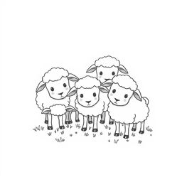 A delightful black and white drawing of a group of cute sheep grazing together