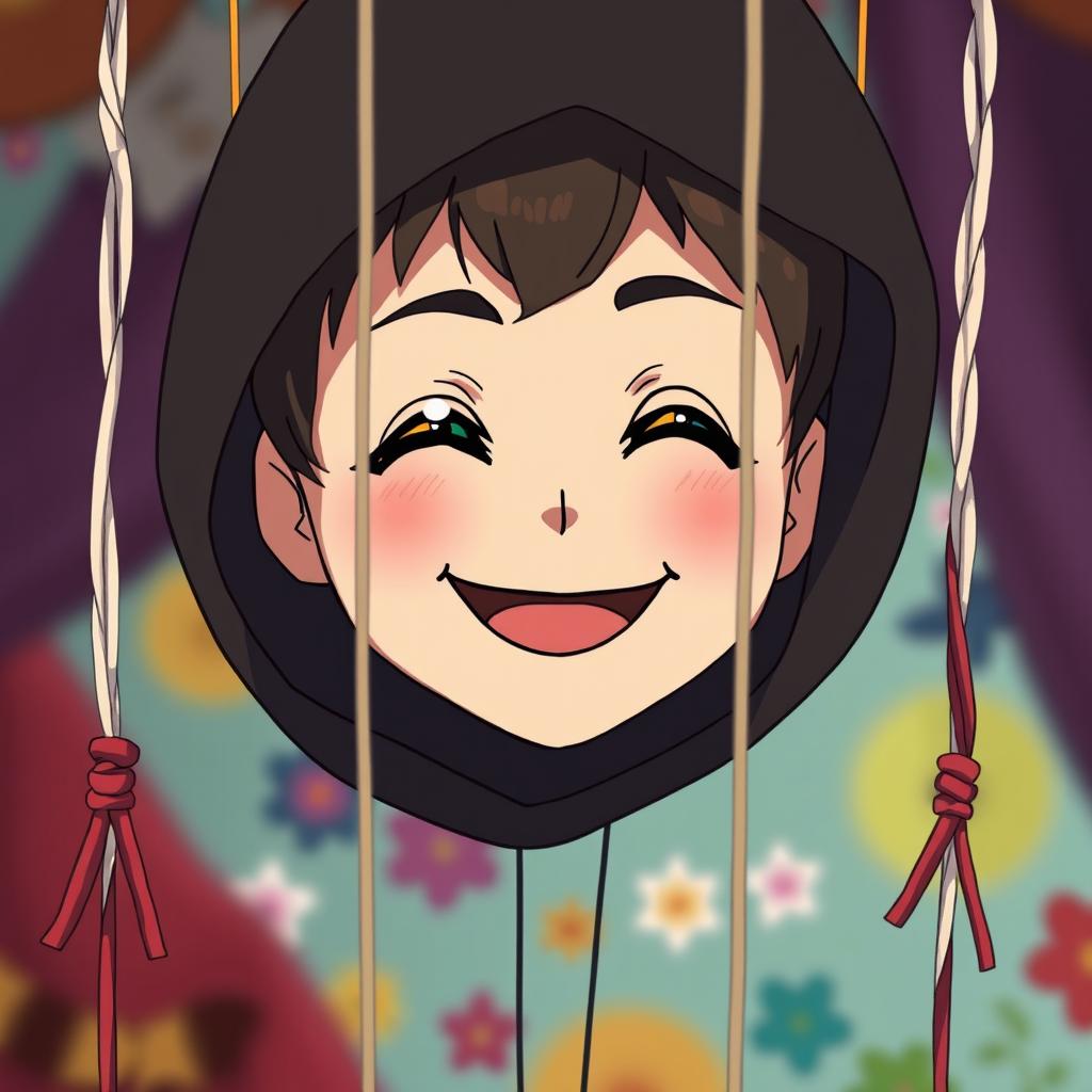 An anime-style puppet with a cheerful smile, suspended by delicate, colorful strings