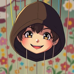 An anime-style puppet with a cheerful smile, suspended by delicate, colorful strings