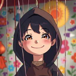 An anime-style puppet with a cheerful smile, suspended by delicate, colorful strings