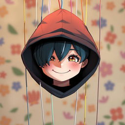 An anime-style puppet with a cheerful smile, suspended by delicate, colorful strings