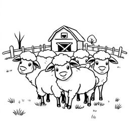 A delightful black and white drawing of a group of cute sheep grazing together, with a simple farm in the background