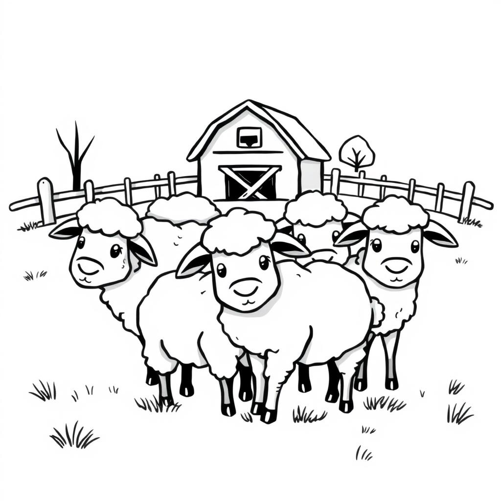 A delightful black and white drawing of a group of cute sheep grazing together, with a simple farm in the background