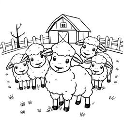 A delightful black and white drawing of a group of cute sheep grazing together, with a simple farm in the background