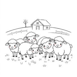 A delightful black and white drawing of a group of cute sheep grazing together, with a simple farm in the background