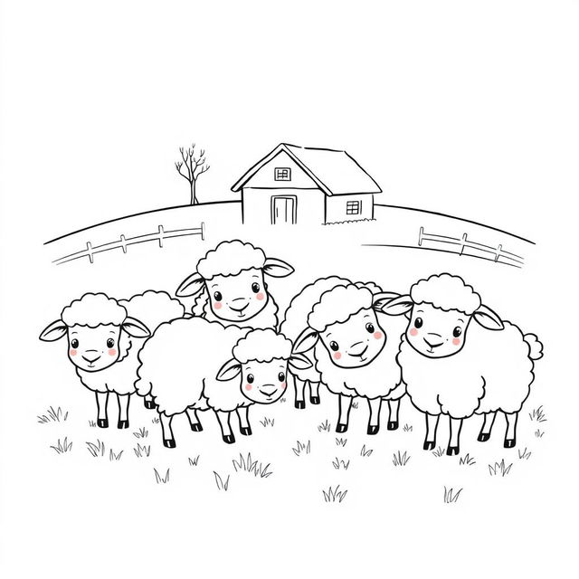 A delightful black and white drawing of a group of cute sheep grazing together, with a simple farm in the background