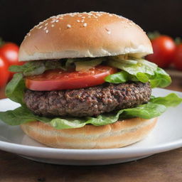 A tantalizing, perfectly cooked burger with a juicy beef patty, vibrant, crisp lettuce, fresh tomatoes, and melted cheese oozing out, all enclosed in a lightly toasted, sesame-seed bun.