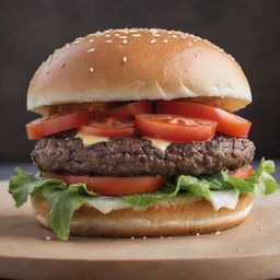 A tantalizing, perfectly cooked burger with a juicy beef patty, vibrant, crisp lettuce, fresh tomatoes, and melted cheese oozing out, all enclosed in a lightly toasted, sesame-seed bun.