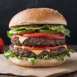 A tantalizing, perfectly cooked burger with a juicy beef patty, vibrant, crisp lettuce, fresh tomatoes, and melted cheese oozing out, all enclosed in a lightly toasted, sesame-seed bun.