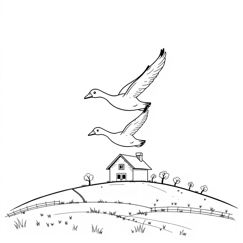 A delightful black and white drawing of cute geese flying gracefully over a simple farm