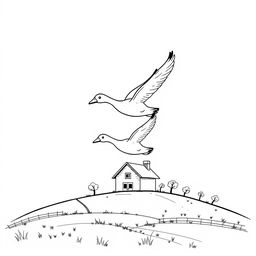 A delightful black and white drawing of cute geese flying gracefully over a simple farm