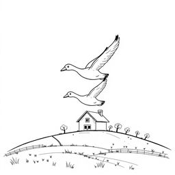 A delightful black and white drawing of cute geese flying gracefully over a simple farm