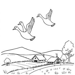 A delightful black and white drawing of cute geese flying gracefully over a simple farm