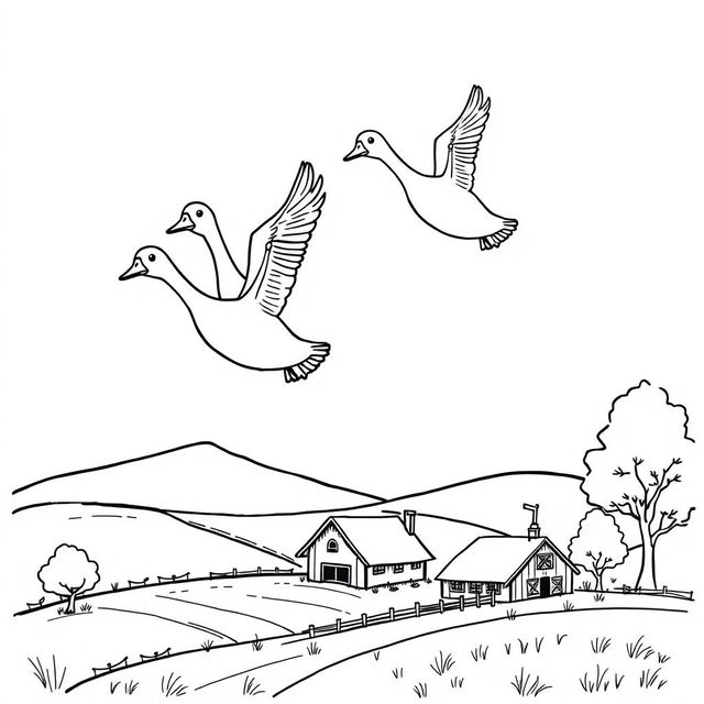 A delightful black and white drawing of cute geese flying gracefully over a simple farm