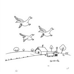 A delightful black and white drawing of cute geese flying gracefully over a simple farm