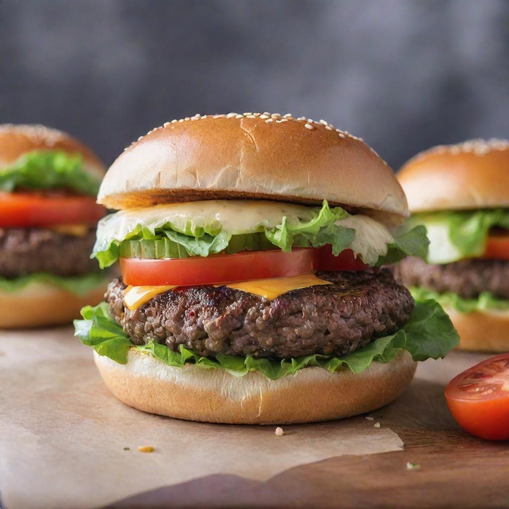 A tantalizing, perfectly cooked burger with a juicy beef patty, vibrant, crisp lettuce, fresh tomatoes, and melted cheese oozing out, all enclosed in a lightly toasted, sesame-seed bun.