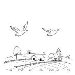 A delightful black and white drawing of cute geese flying gracefully over a simple farm