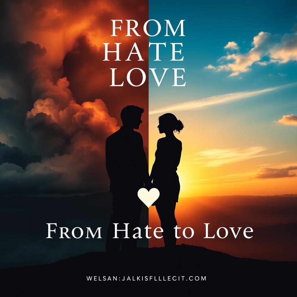 A dramatic and visually striking book cover for 'From Hate to Love', featuring a split-design concept: one side in dark, brooding colors symbolizing hate with stormy clouds, and the other in warm, soft tones representing love with a clear blue sky and a sunset