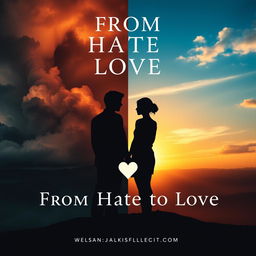 A dramatic and visually striking book cover for 'From Hate to Love', featuring a split-design concept: one side in dark, brooding colors symbolizing hate with stormy clouds, and the other in warm, soft tones representing love with a clear blue sky and a sunset