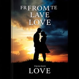 A dramatic and visually striking book cover for 'From Hate to Love', featuring a split-design concept: one side in dark, brooding colors symbolizing hate with stormy clouds, and the other in warm, soft tones representing love with a clear blue sky and a sunset