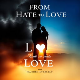 A dramatic and visually striking book cover for 'From Hate to Love', featuring a split-design concept: one side in dark, brooding colors symbolizing hate with stormy clouds, and the other in warm, soft tones representing love with a clear blue sky and a sunset