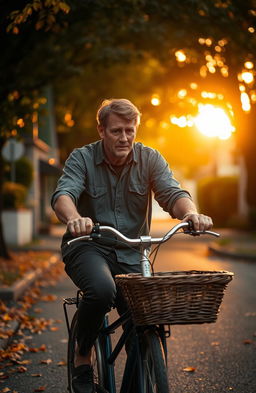 A solitary man riding a bicycle down a quaint, quiet street, tears streaming down his cheeks as he reflects on a poignant memory