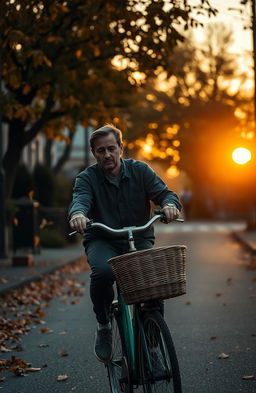 A solitary man riding a bicycle down a quaint, quiet street, tears streaming down his cheeks as he reflects on a poignant memory