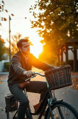 A solitary man riding a bicycle down a quaint, quiet street, tears streaming down his cheeks as he reflects on a poignant memory