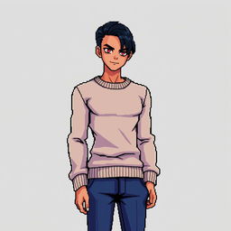 A slender man with dark hair slicked back and captivating red eyes, dressed in a light-colored sweater and blue pants