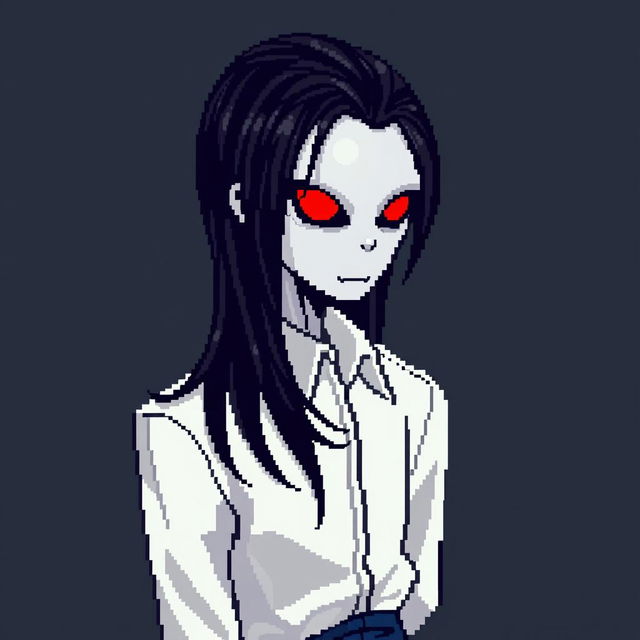 A depiction of Slender Man with dark hair slicked back and glowing red eyes