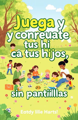 A vibrant ebook cover for 'Juega y conecta con tus hijos, sin pantallas'