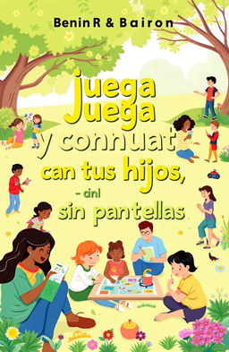 A vibrant ebook cover for 'Juega y conecta con tus hijos, sin pantallas'