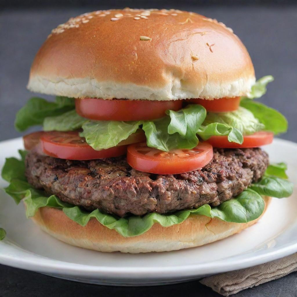 A deliciously indulgent burger with an abundance of rich, creamy, melted cheese lavishly streaming down the sides of a succulent beef patty, complemented by fresh lettuce and tomatoes, all within a crisp sesame-seed bun.