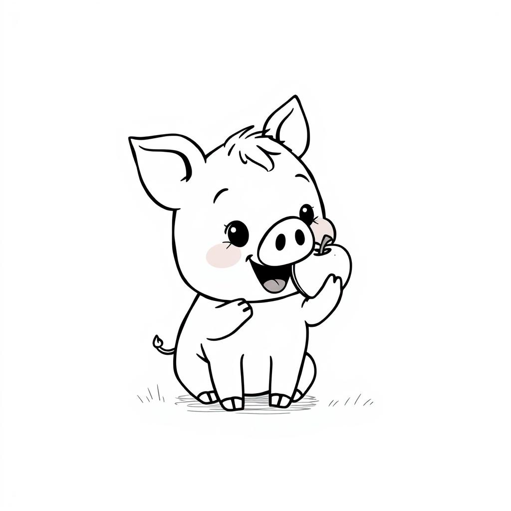 A charming black and white drawing of a cute piggy happily eating an apple