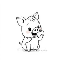 A charming black and white drawing of a cute piggy happily eating an apple