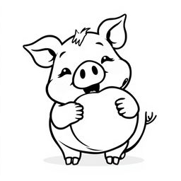 A charming black and white drawing of a cute piggy happily eating an apple